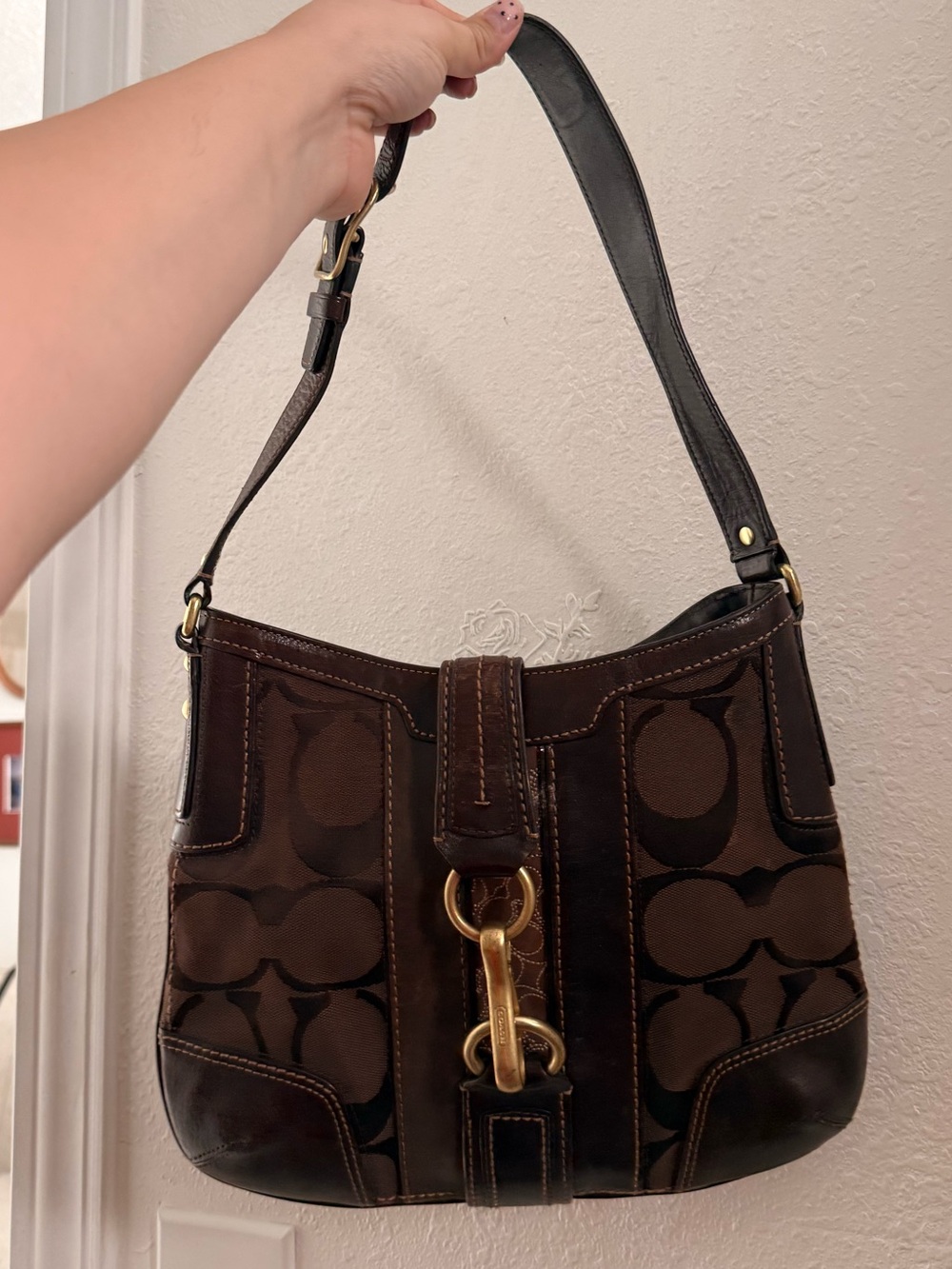 Coach Dark Brown Signature Canvas Shoulder Bag with Gold Hardware